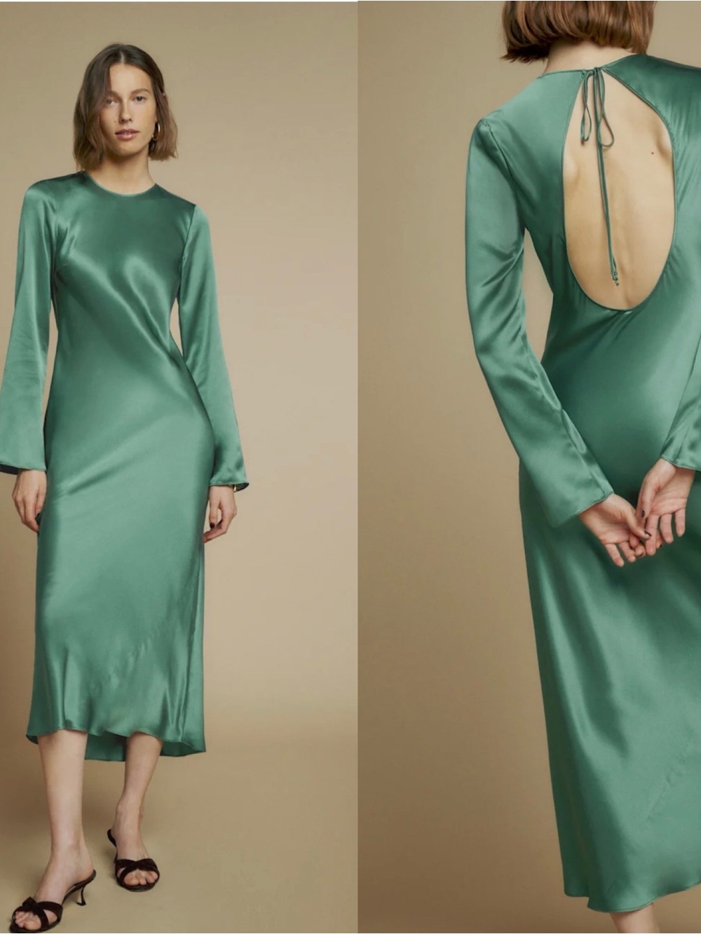Reformation Davina Emerald Green Silk Long-Sleeve Midi Dress with Open Back